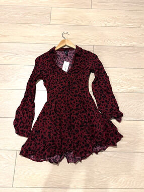 Brand New Forever 21 Wine Black Long Sleeve Dress V-Neck with Tie Womens Size S